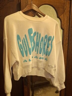 Gulf Shores Graphic Crewneck Sweater - Cream with Aqua Print